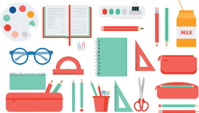 school supplies vector icon set with notebooks pencils rulers paint palette scissors pencil cases for student education