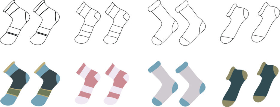 Cute sock collection vector set featuring outline and flat color ankle socks in different casual styles and patterns. Minimal fashion clothing icons perfect for laundry apps, apparel branding, kids 