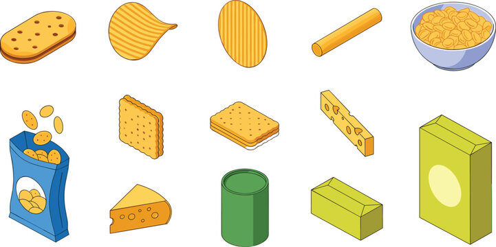 snack and food vector icon set featuring isometric potato chips crackers cookies cheese bowl and box packages