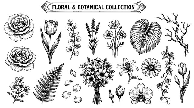 Vintage Floral and Botanical Engraving Set Hand Drawn Flower Vector Collection