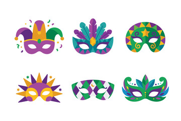 Fototapeta premium Colorful Mardi Gras Masquerade Masks Set, Festive Carnival Mask Collection with Feathers and Ornaments Vector Illustration