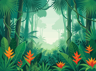 Naklejka premium Vibrant Tropical Jungle Landscape Background with Lush Green Foliage, Palm Leaves, and Exotic Orange Flowers in a Misty Rainforest