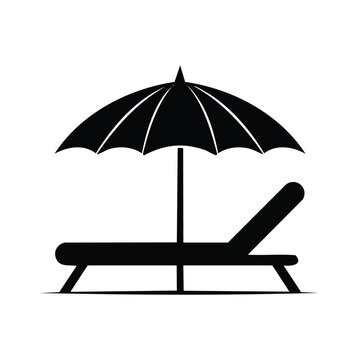 Firefly Stylized pool lounge chair under a umbrella profile view silhouette vector icon, solid black.eps