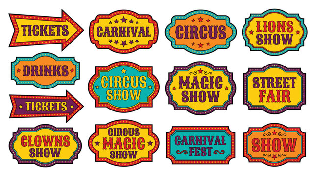 Vintage Carnival and Circus Sign Collection with Retro Fair Labels Ticket Arrows and Magic Show Banner Designs for Festival Events.