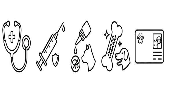 Set of professional veterinary icons featuring medical equipment for treating domestic animals and household pets health