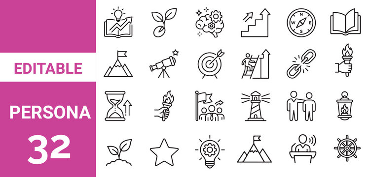 Business Сoaching outline icon collection. Containing professional development, mentee relationship, career advice, leadership, knowledge sharing,