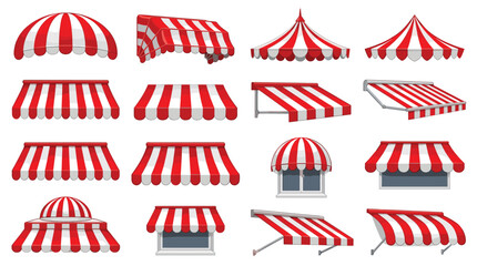 Red and White Store Awning Collection with Striped Canopy Tent Shelter Designs for Shop Market Cafe and Outdoor Business Branding. © Mahamuda Studio 