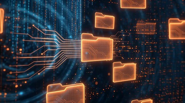 Digital folders and circuit board patterns representing data storage and information flow in a technological network.