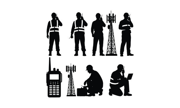Telecommunications workers silhouette collection technicians engineers and communication tower maintenance