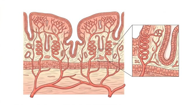 The cross section of endometrium layers, emphasizing the vascular structures and supporting tissues that play a role in womens health.