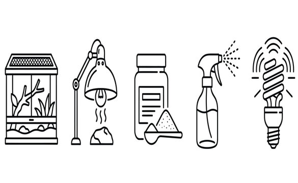 Collection of thin line icons representing reptile care equipment and essential supplies for pet maintenance