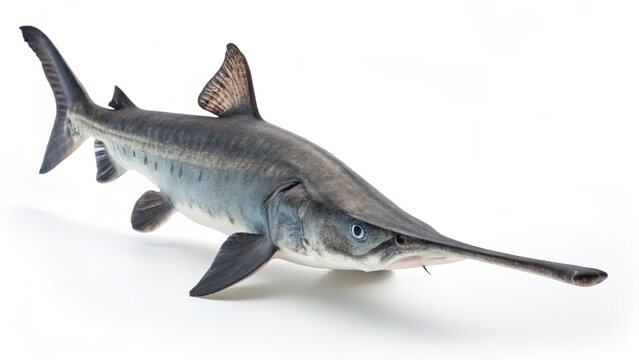 Isolated American paddlefish with long rostrum on a solid white studio background