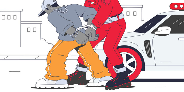A police officer arrests a suspect wearing a baseball cap and gold chain near a vehicle