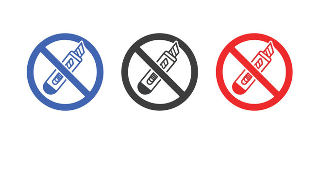 Three prohibition signs with a utility knife symbol indicating no sharp objects allowed in different colors