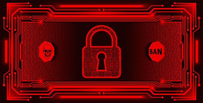 Vector monitor screen. Red computer abstract futuristic glowing frame and classic digital padlock. Prohibitory signs. Ban. Virtual crypto space. 3D high technology banner. Scary human skull