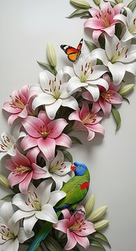 3D floral wallpaper with lily flowers, butterfly and parrot