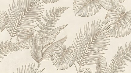 Neutral tropical foliage background, monochrome embossed leaf arrangement, artistic engraving style, seamless wallpaper design, soft ivory and taupe tones, textured organic surface, minimal luxury  © Dissanayaka