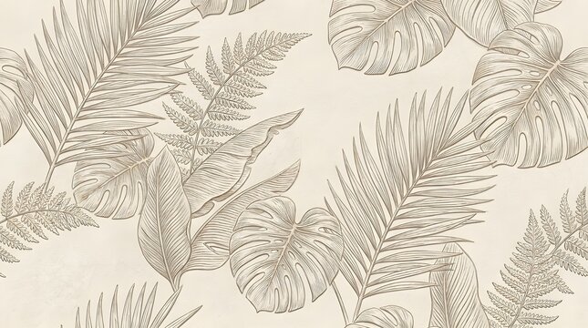 Neutral tropical foliage background, monochrome embossed leaf arrangement, artistic engraving style, seamless wallpaper design, soft ivory and taupe tones, textured organic surface, minimal luxury 