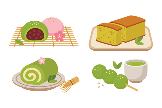 Japanese Matcha Green Tea Dessert Set, Traditional Wagashi Daifuku and Castella Cake Vector Illustration for Asian Food Cafe Menu