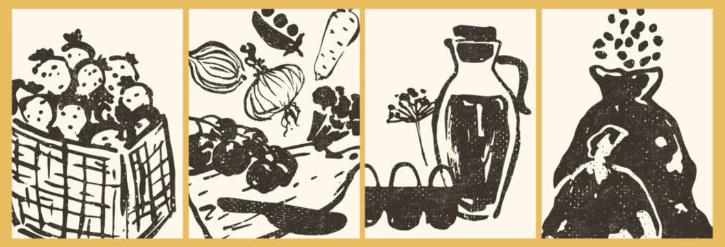 Set of hand drawn food icons. Vegetables, seeds, olive oil, strawberiies, eggs. Simple eco design. Vector menu, recipe, logo. Poster, card composition. Wall art.	