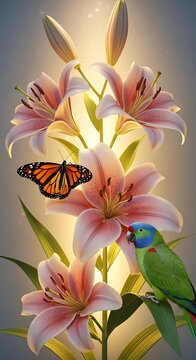 Delicate Pink Lilies with Monarch Butterfly and Green Parrot in Soft Light