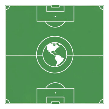 A minimalist soccer field where the center circle is a stylized globe showing the Americas, clean green and white lines, wide margins, minimalist flat vector artwork, clipart style, absolute