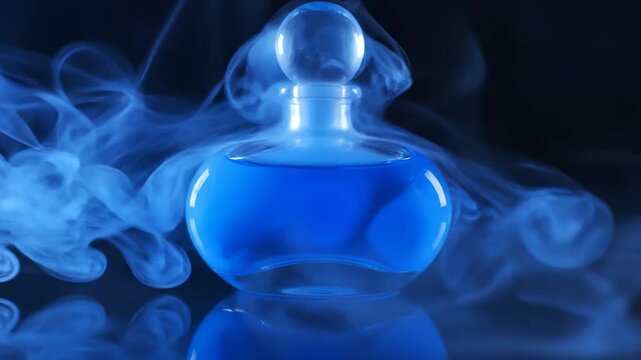 Blue perfume bottle with smoke effect.
