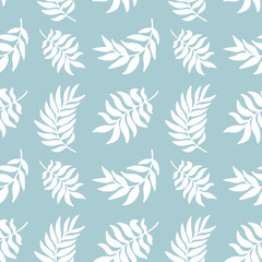 Fototapeta premium Seamless tropical leaf pattern featuring elegant white botanical foliage on soft blue background in minimalist vector style. Repeating jungle inspired design with abstract palm and organic leaf shapes