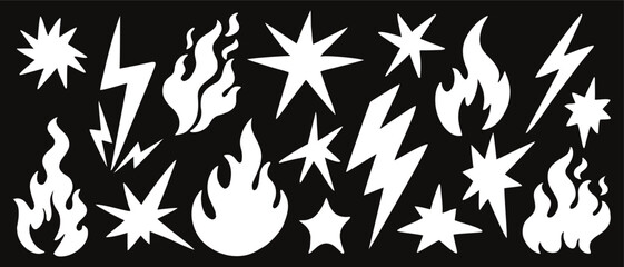 Fototapeta premium Abstract fire flame and lightning bolt icon set in minimalist vector style. White energy symbols and starbursts on black background for tattoo, sticker and logo design. Modern art poster.