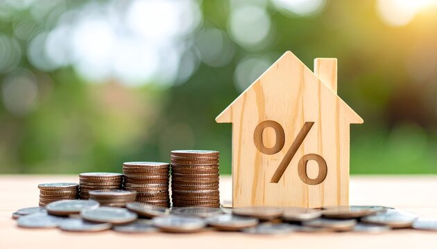 Wooden house shaped like a percentage symbol stands tall. Coins pile beside it