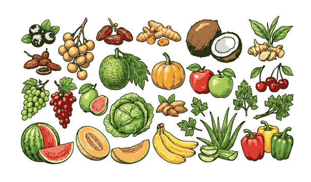 Title: Assorted fresh fruits vegetables herbs and nuts collection isolated on white realistic hand drawn vector illustration