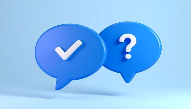 3D speech bubbles with check mark and question mark, representing questions and answers, customer support, and verified information.