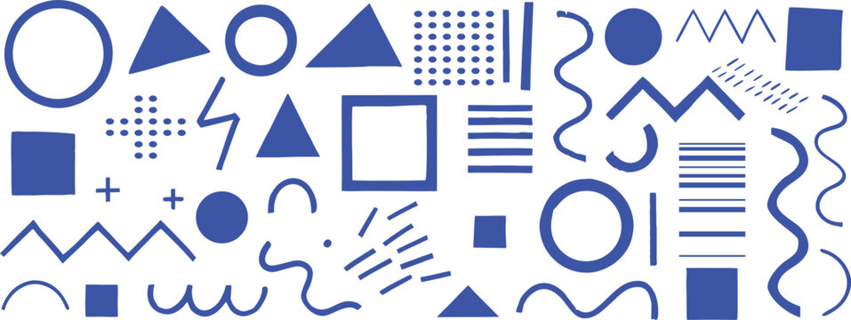 Abstract geometric shape collection in modern Memphis style with bold blue vector elements. Minimal retro symbols, lines and patterns for branding, posters, packaging and social media graphics.