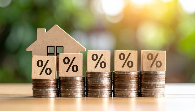 Wooden house stands beside stacked coins. Percent signs symbolize financial growth or investment