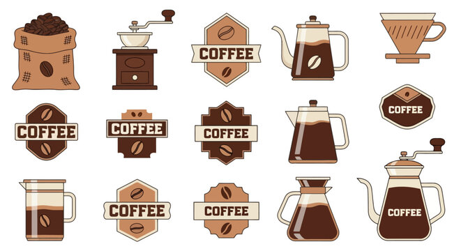Collection of coffee-themed illustrations with various brewing tools and coffee bean sacks.