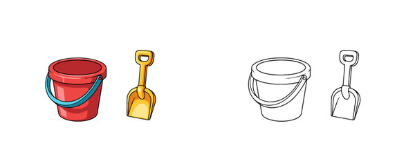Colored and grayscale plastic children sand toys cartoon illustration featuring red bucket yellow shovel for beach play © Dzianis
