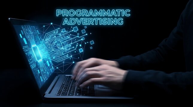 Programmatic advertising concept with glowing digital circuits on a laptop screen.