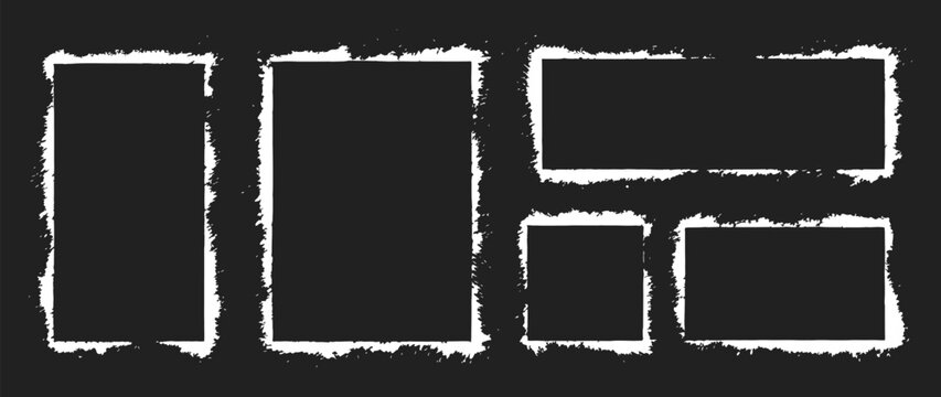 Grunge rectangle frame collection with rough distressed borders for posters and social media layouts. Abstract textured vector boxes on dark background. Vintage ink outline templates.