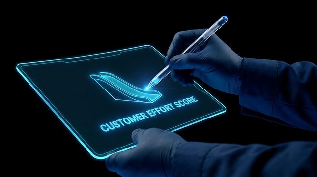 Person using stylus on futuristic tablet displaying customer effort score with checkmark.