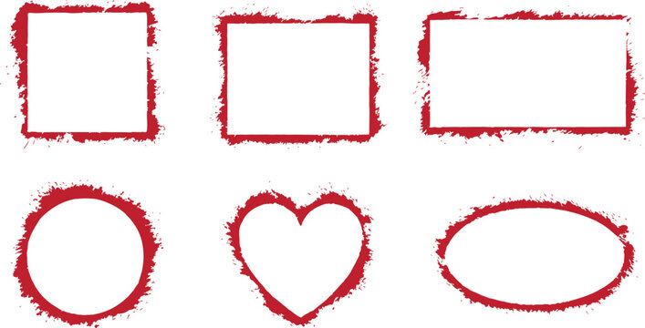 Red grunge frame collection with distressed rectangle circle heart and oval border shapes for modern design. Rough paint stroke vector set isolated on light background. Artistic textured outline 