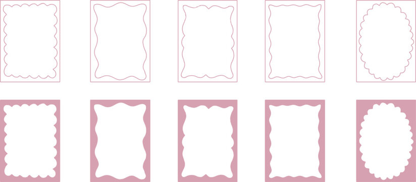 Minimal scalloped frame collection with elegant pink decorative borders and label templates. Modern wavy rectangle and oval shapes for invitations, branding, packaging and social media layouts.