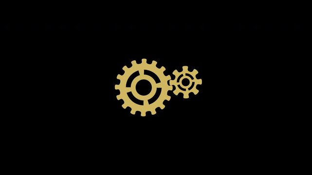 Golden spinning gears animation with alpha channel background representing mechanical motion industrial engineering and teamwork concepts for professional video. 4K video with alpha channel