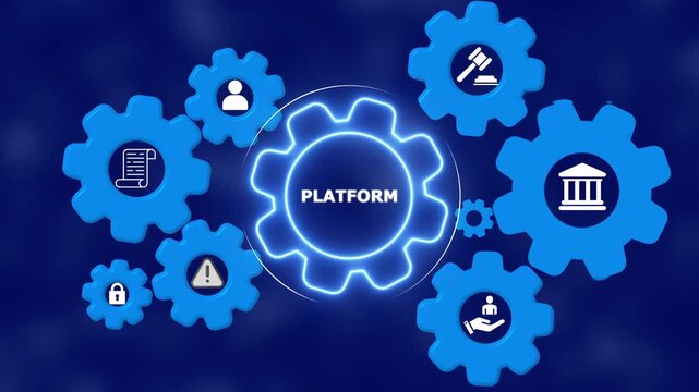 Digital platform concept featuring blue interlocking gears with various business and legal against a dark blue background