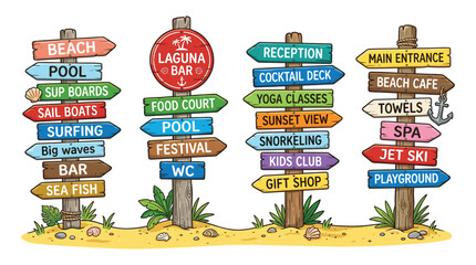 Colorful Beach Resort Direction Sign Collection Featuring Surfing Pool Spa Snorkeling Food Court Yoga Classes and Tropical Vacation Wayfinding Boards. © Creative Studio 