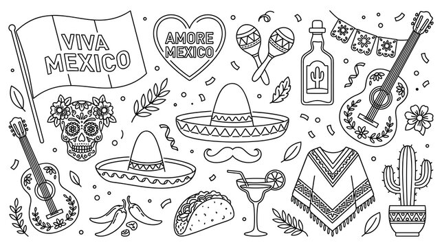 Mexican fiesta celebration elements set with cultural symbols.