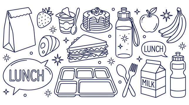 School lunch food items and drink bottles flat line illustration.