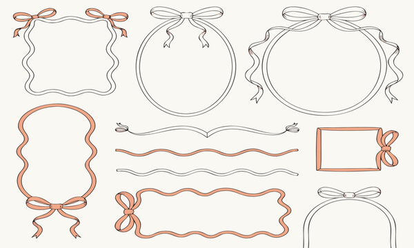 Set of pink and gray ribbon frames with bows
