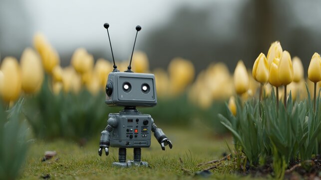 Small Robot Standing in a Field of Yellow Tulips.