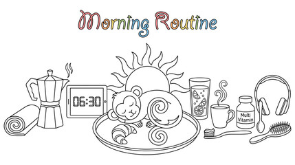 Morning routine banner with monkey and breakfast food linear illustration. © NAZMA