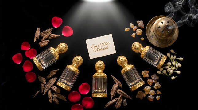 Arabian attar perfume bottles rose petals oud incense dark background luxury Eid ul Adha Mubarak flat lay 2026